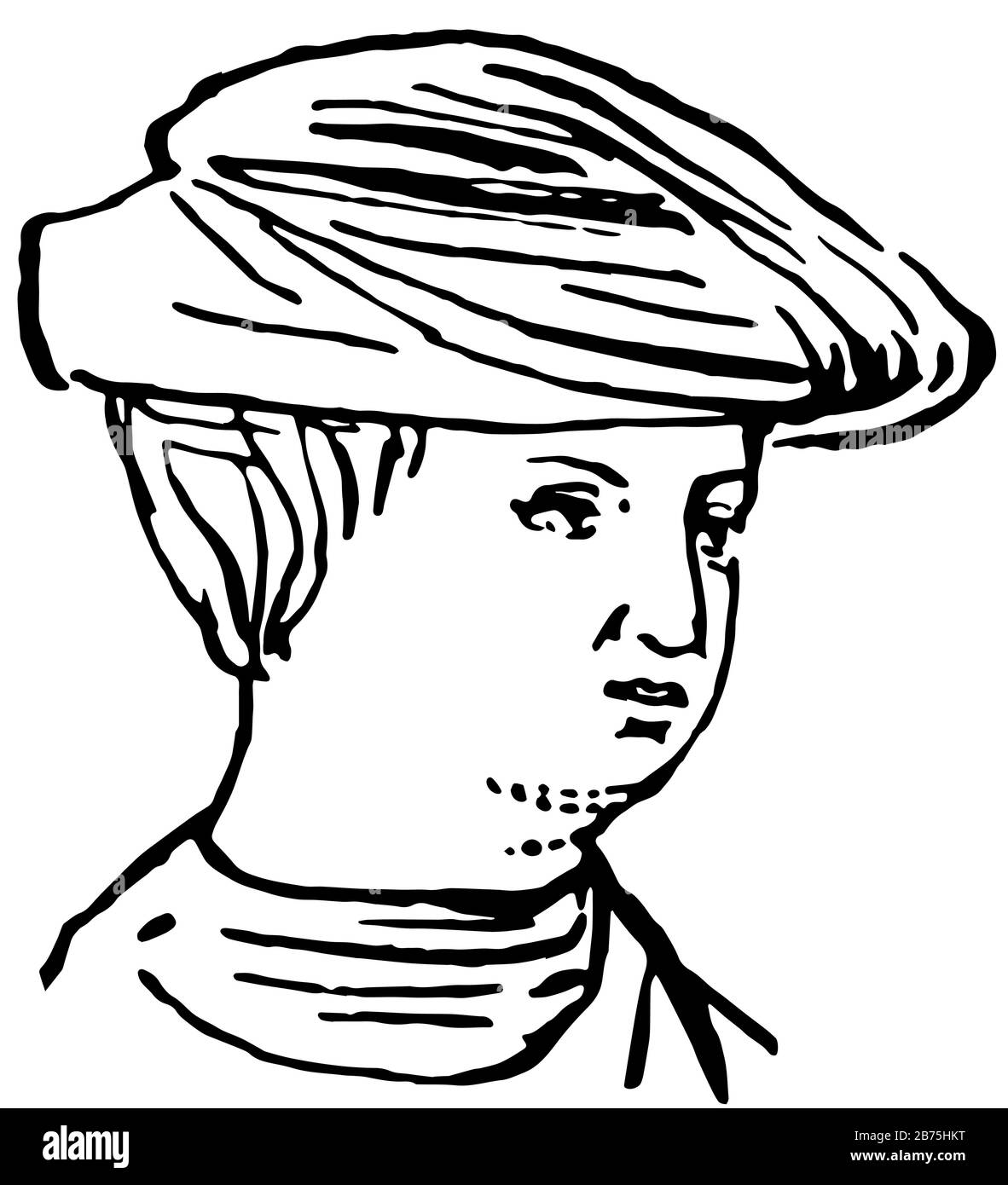 Questa moda è del 15 ° secolo d'Europa e gli abiti testa sono più grandi rispetto alle donne, linea vintage disegno o incisione illustrazione. Illustrazione Vettoriale