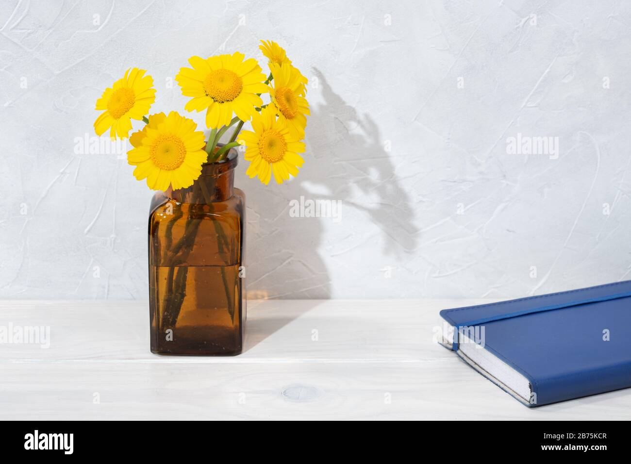 Bellissimi fiori in bottiglia e diario blu su tavolo di legno. Concetto di scrittura o disegno. Tempo libero. Spazio di copia Foto Stock