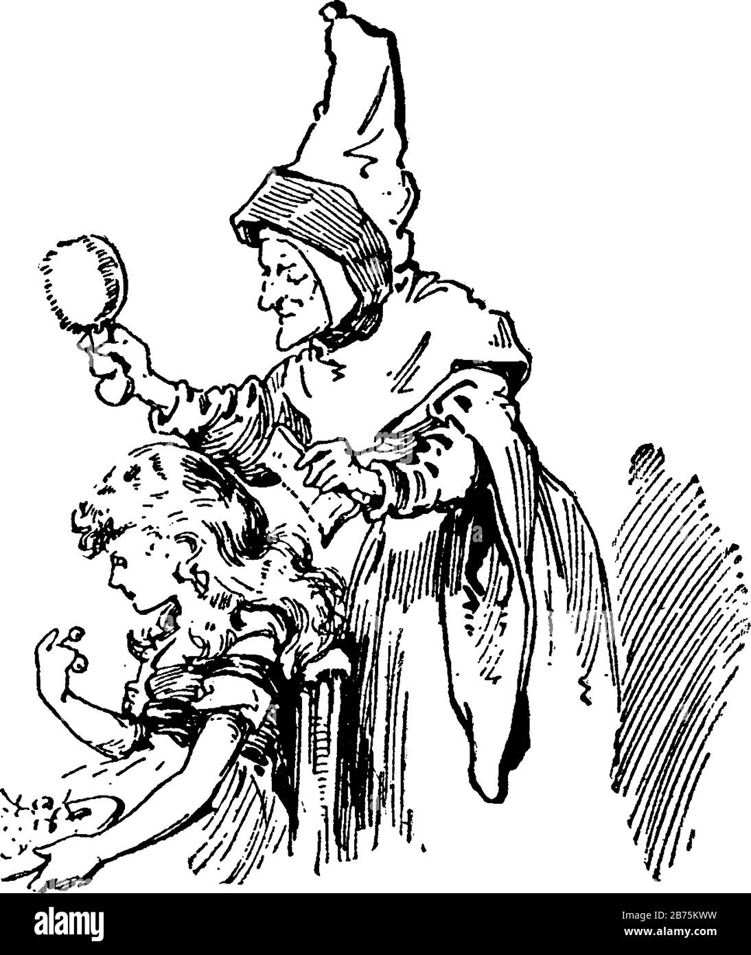 Gerda e la regina della neve, questa scena mostra vecchia regina combs capelli della bambina, linea vintage disegno o incisione illustrazione Illustrazione Vettoriale