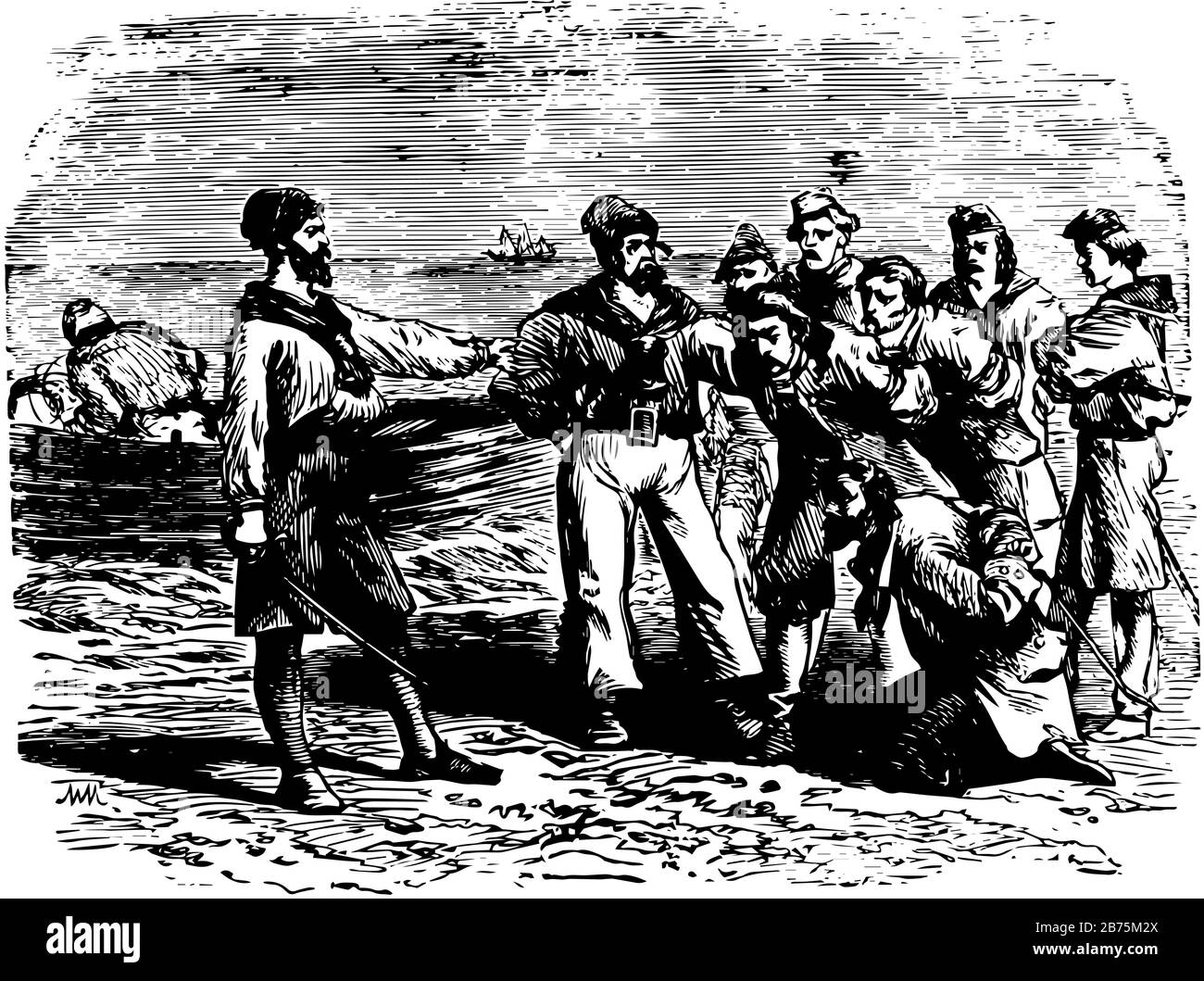 I mutinieri ammalano i loro prigionieri, questa scena mostra un uomo con la spada da un lato e soldati con prigionieri di fronte a lui, mare e nave in Illustrazione Vettoriale