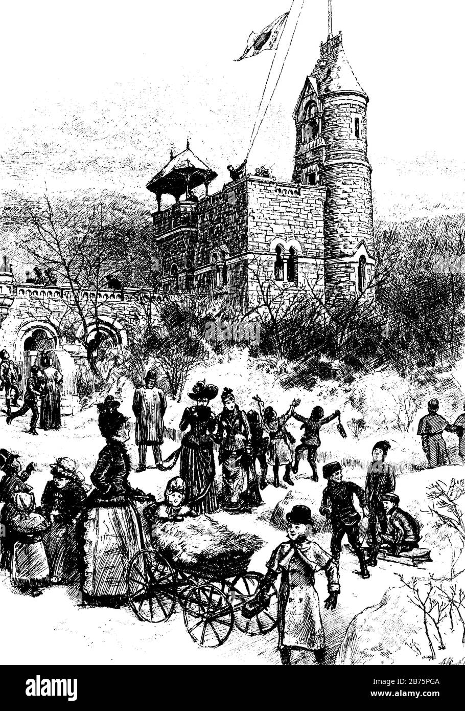 Con la bandiera di pattinaggio sul Belvedere a Central Park, New York, Seal sembra che la comunità si riunisca per il sollevamento della bandiera sul castello, vintage l Illustrazione Vettoriale