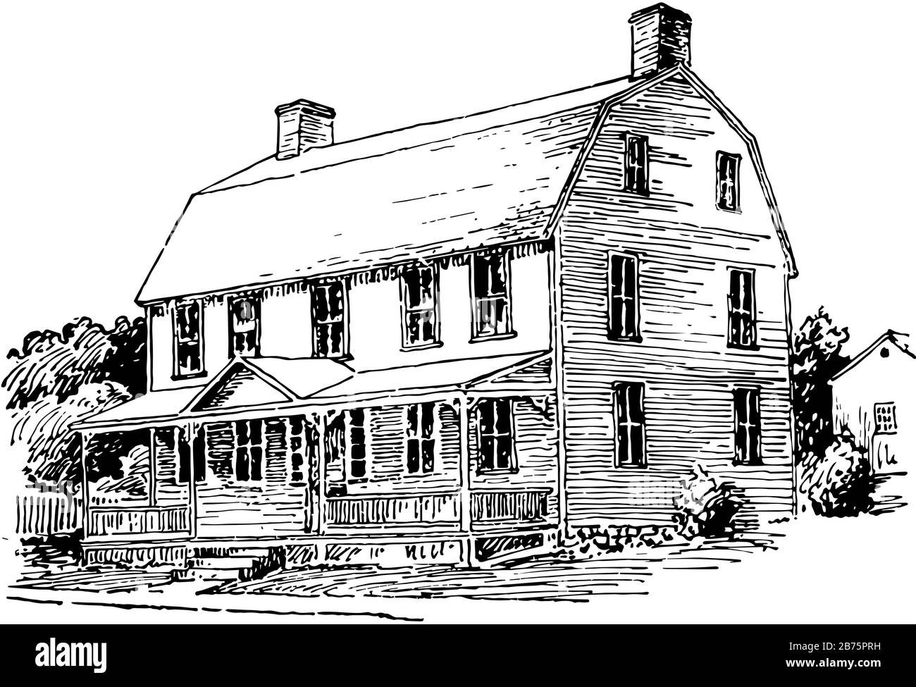 Il tetto di Gammel è la casa nel New England, era in 1765, pendenza più bassa sopra un più ripido, piccolo timpano che forma la parte superiore, disegno di linea d'annata o. Illustrazione Vettoriale