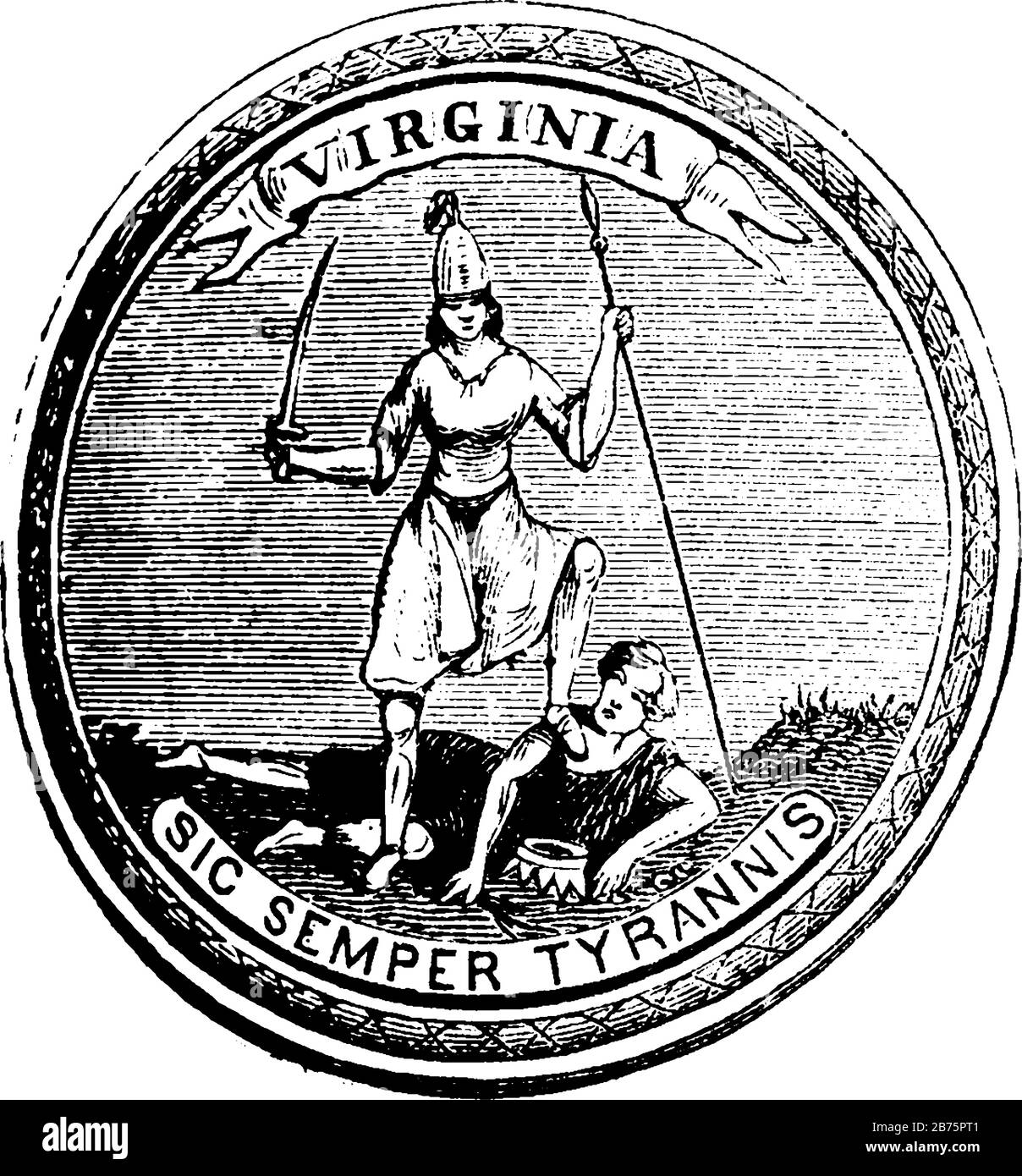 Grande Sigillo Della Virginia. Lossing, 1851, questo sigillo ha in piedi femmina ha tenuto la sua una gamba su un uomo caduto, una lancia e spada nelle sue mani, VIRGINIA Illustrazione Vettoriale