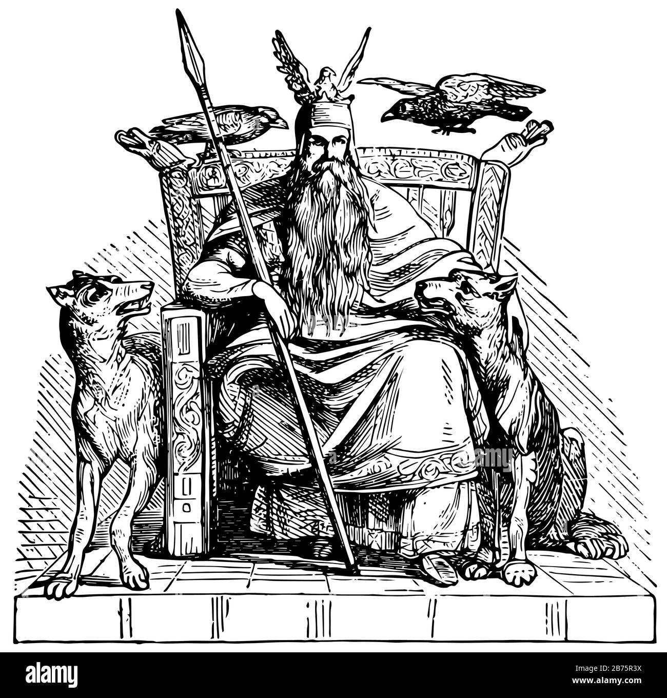 Odin, questa scena mostra il re con la lancia seduta sulla sedia, due uccelli sulla sedia dietro di lui, due cani vicino alla sedia guardando lui, linea vintage disegno o Illustrazione Vettoriale