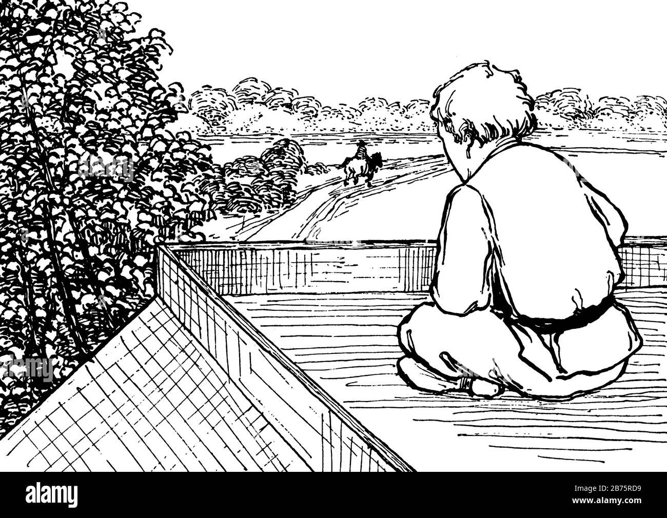Un ragazzo seduto sulla terrazza di casa e guardando il cavaliere cavallo che va via da casa, linea d'epoca disegno o incisione illustrazione Illustrazione Vettoriale