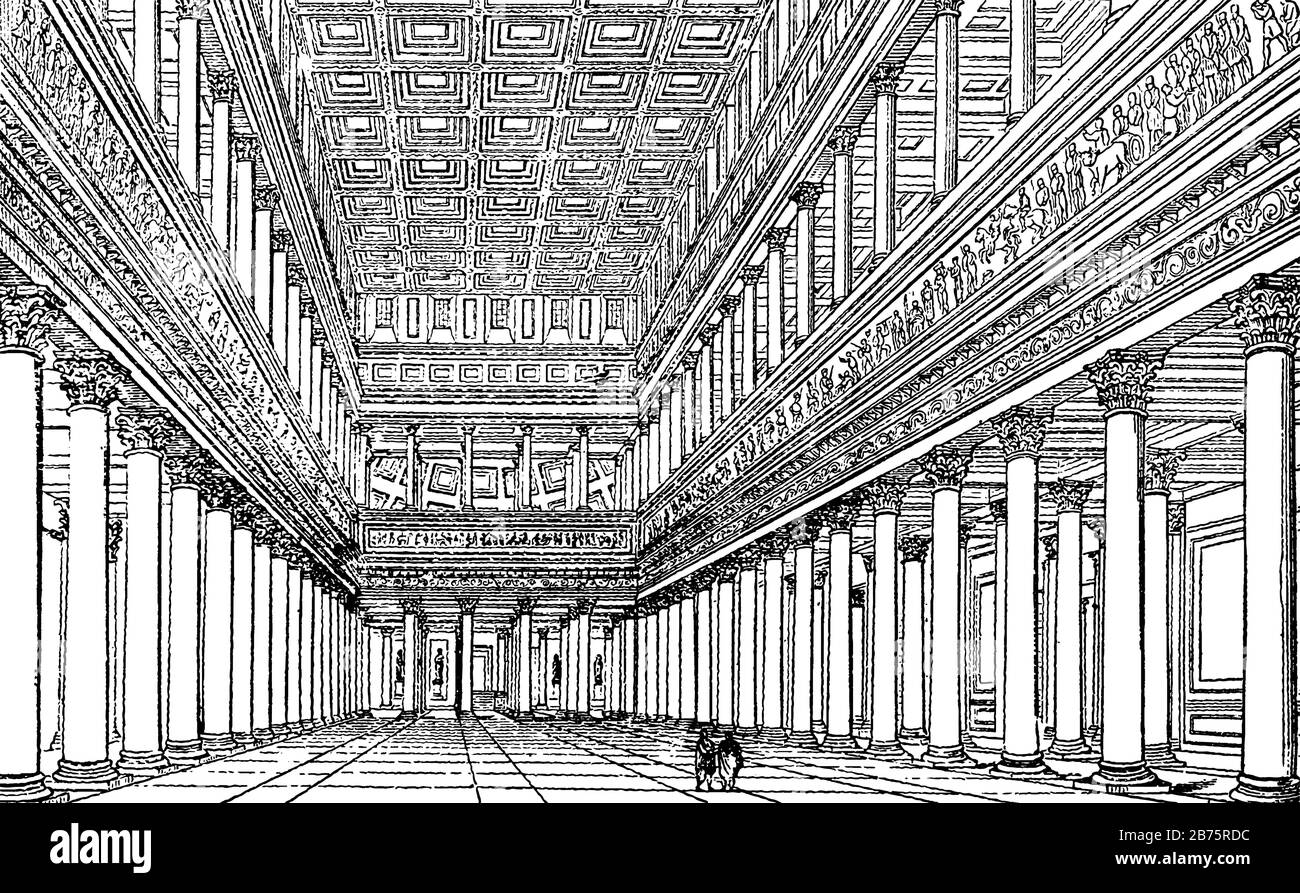 Basilica di Traiano, vista degli interni, architettura romana, disegno a linee d'epoca o illustrazione di incisioni. Illustrazione Vettoriale