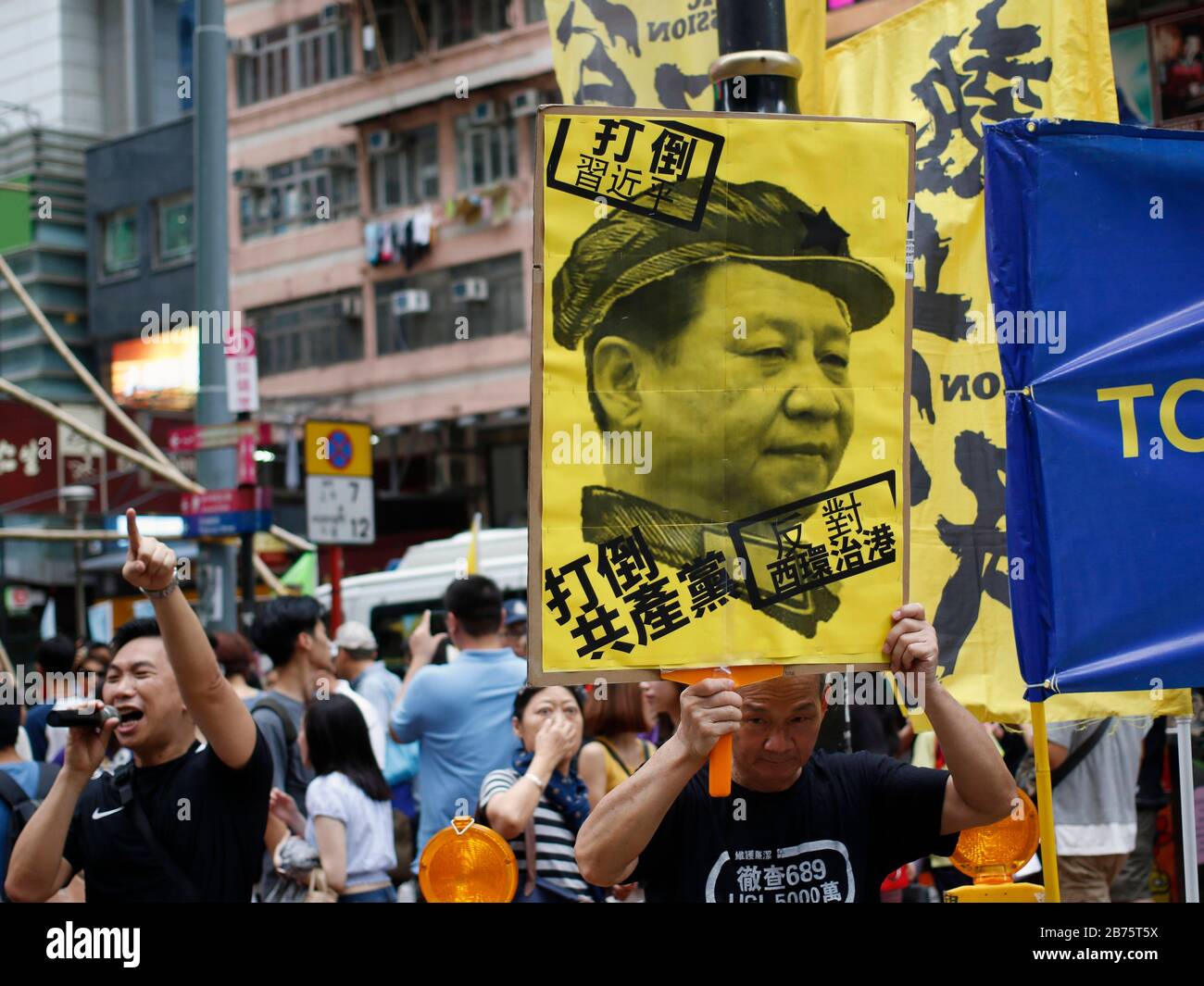 I manifestanti hanno un cartello che recita: 'Beat Xi Jinping, picchiato il partito comunista' durante il raduno annuale pro-democrazia a Hong Kong, Cina, 01 luglio 2017. Il presidente cinese Xi Jinping ha inaugurato un nuovo Chief Executive di Hong Kong e ha celebrato il ventesimo anniversario della consegna della città dal governo britannico al dominio cinese il 01 luglio. Foto Stock