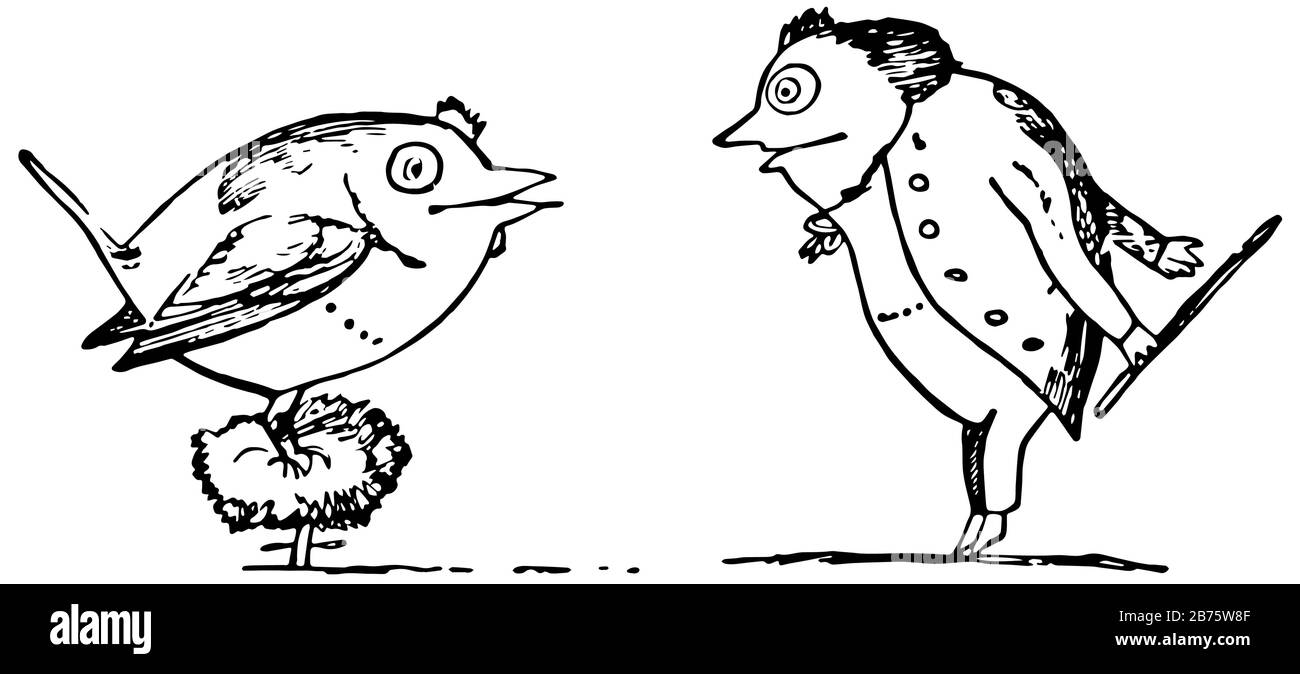 Edward Lear, questa scena mostra un uccello sul cespuglio e un uomo in piedi di fronte all'uccello, entrambi guardando l'uno verso l'altro, vintage linea disegno o incisione i Illustrazione Vettoriale Edward Lear, questa scena mostra un uccello sul cespuglio e un uomo in piedi di fronte all'uccello, entrambi guardando l'uno verso l'altro, vintage linea disegno o incisione i Illustrazione Vettoriale