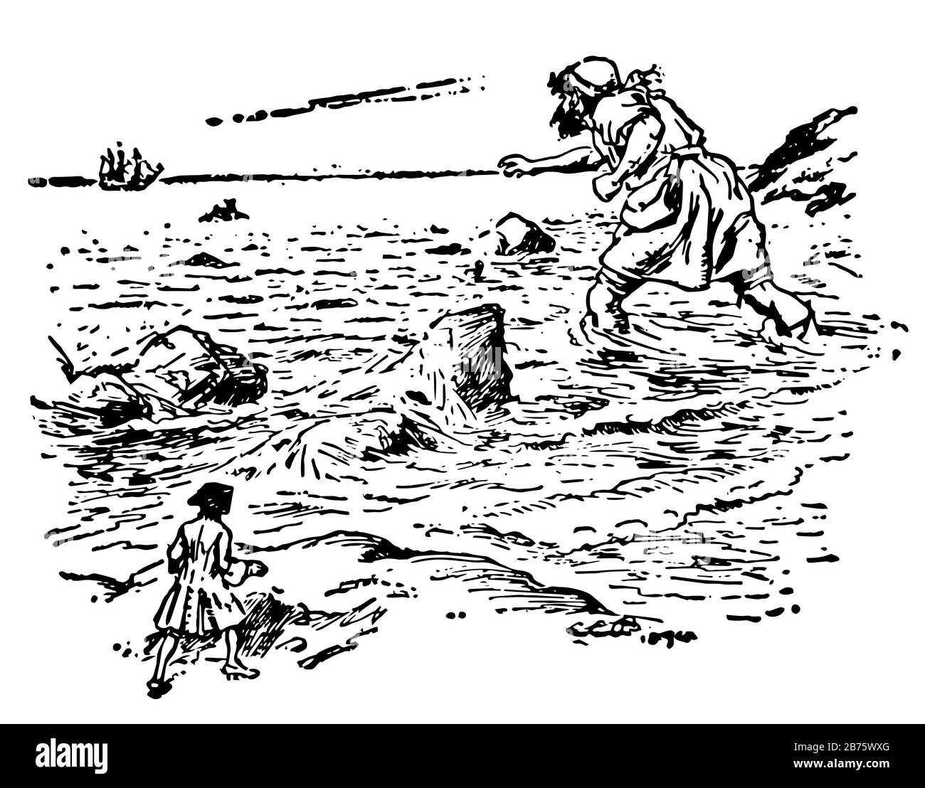 Gigante Che Entra nel mare, questa scena mostra un uomo gigante che cammina nel mare, piccolo uomo in piedi sulla riva, rocce nel mare, nave in background, vintage Illustrazione Vettoriale Gigante Che Entra nel mare, questa scena mostra un uomo gigante che cammina nel mare, piccolo uomo in piedi sulla riva, rocce nel mare, nave in background, vintage Illustrazione Vettoriale