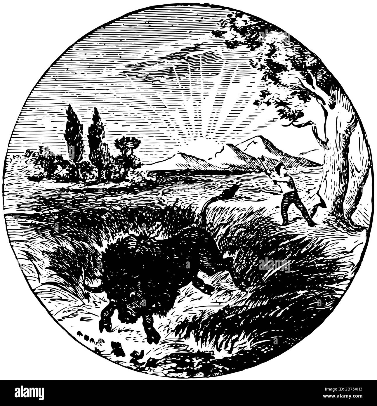 Il sigillo ufficiale dello stato dell'Indiana degli Stati Uniti nel 1889, mostra una foresta e un woodman che taglia un albero, un bufalo in esecuzione, raggi del sole, linea d'epoca dr Illustrazione Vettoriale