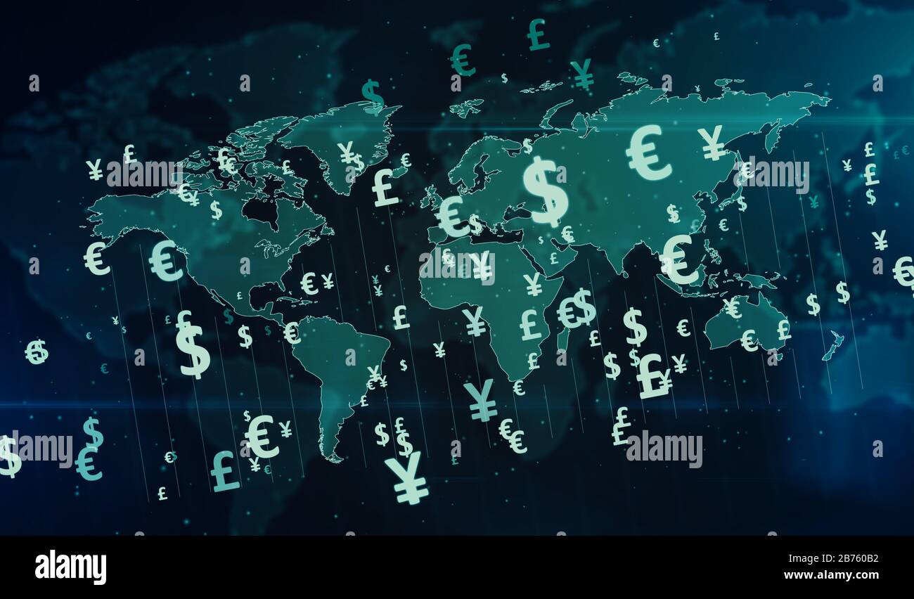 Simboli di denaro. Icone delle valute dollaro, euro, yen e sterlina su un'illustrazione digitale 3d del globo. Contesto concettuale astratto di finanza, banche e globali Foto Stock