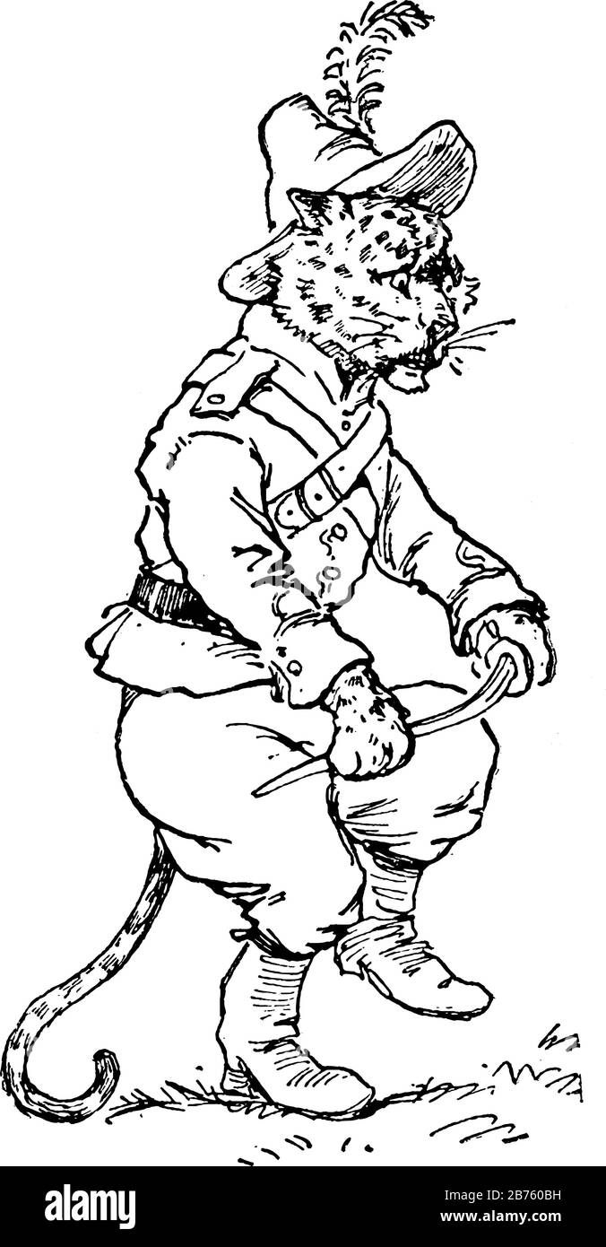 Il leopardo in abito umano con cappello in piuma che rompe la spada con le gambe anteriori, disegno vintage o illustrazione dell'incisione Illustrazione Vettoriale