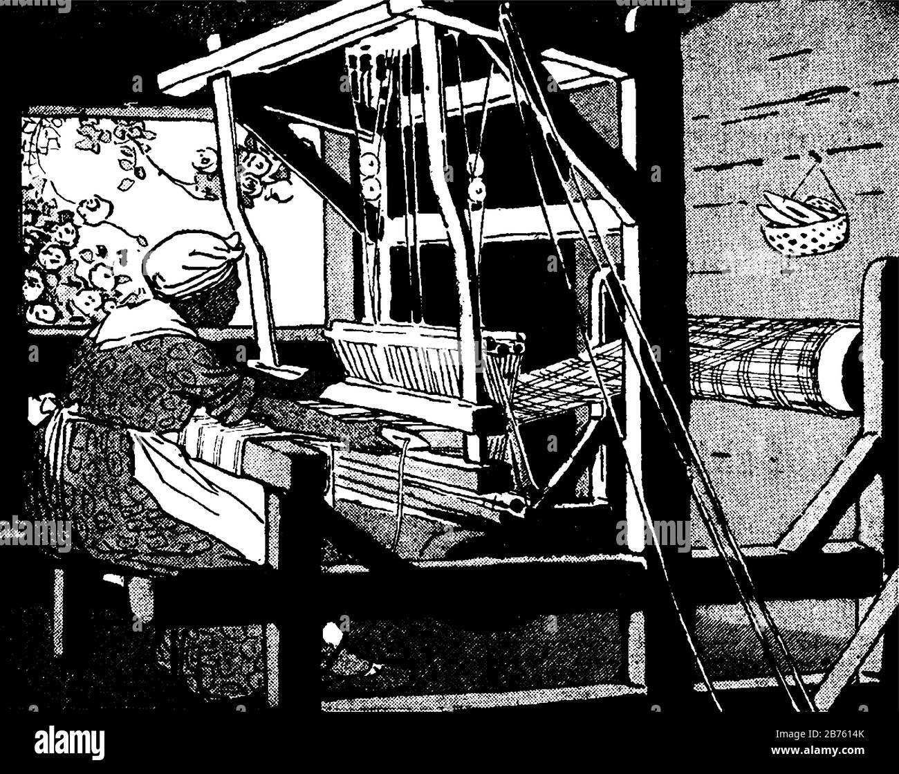 Una donna con filatoio fatto a mano utilizzato per la produzione di stoffa, disegno linea vintage o illustrazione incisione Illustrazione Vettoriale