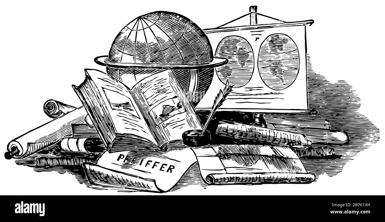 La geografia include un globo e molte mappe, cartografia, globo, mappa, terre, disegno di linee d'epoca o illustrazione dell'incisione. Illustrazione Vettoriale