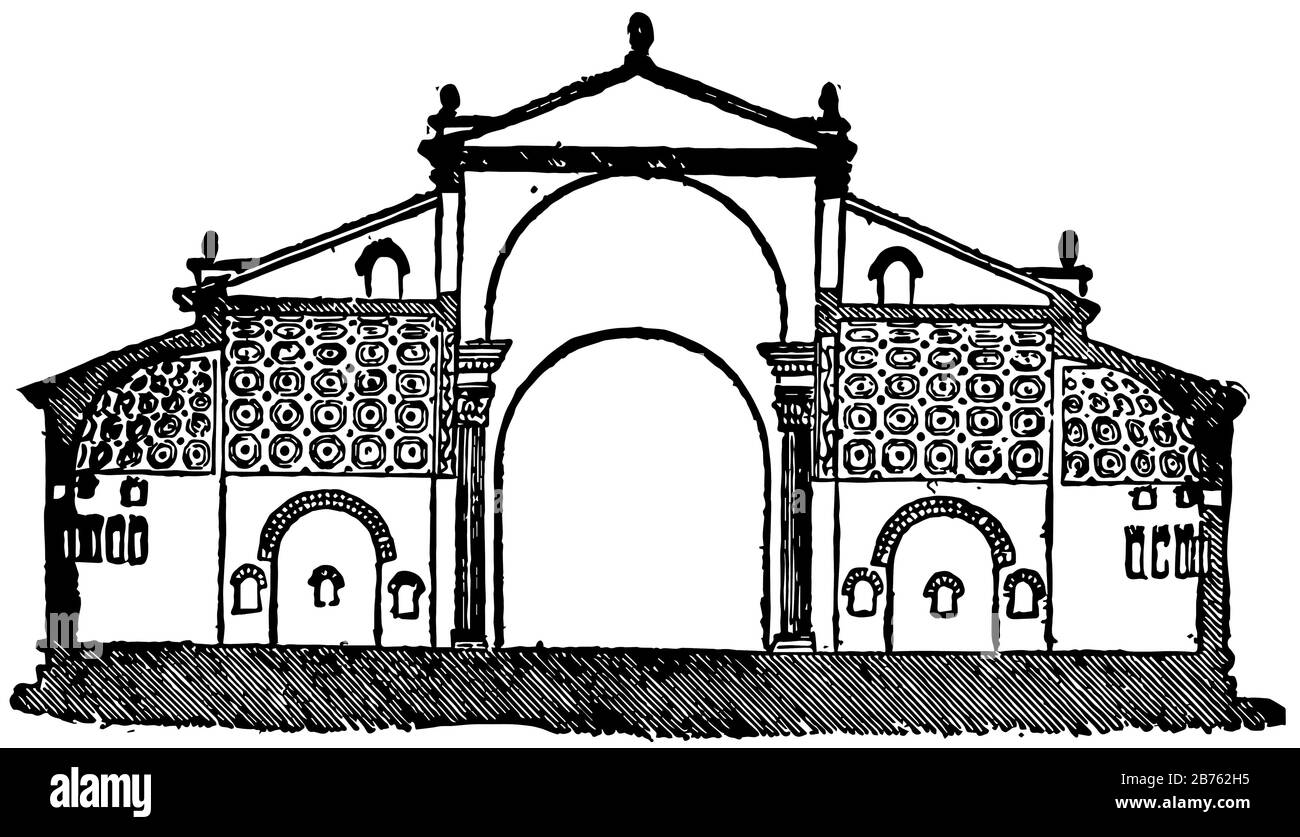 Basilica di Massenzio, la sezione trasversale, un antico edificio del Foro Romano, il più grande edificio del Foro, disegno d'epoca o it Illustrazione Vettoriale