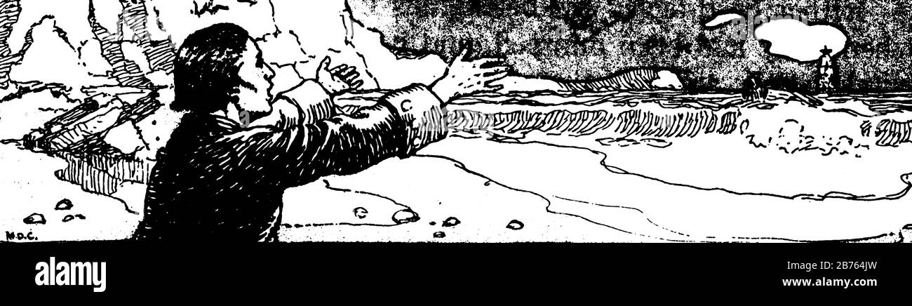 Le avventure di Alexander Selkirk, questa scena mostra un uomo con le mani aperte larghe in piedi sulla riva del mare, mostra anche uccelli volanti e faro in b Illustrazione Vettoriale