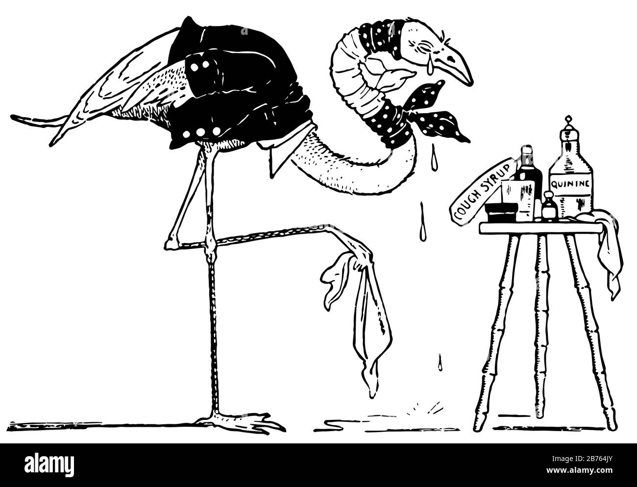 Flamingo, questa scena mostra Flamingo uccello indossato abito e lacrime che cadono dagli occhi e la stoffa di tenuta, e la bottiglia di sciroppo di tosse e medicinali tenuti sul tavolo Illustrazione Vettoriale