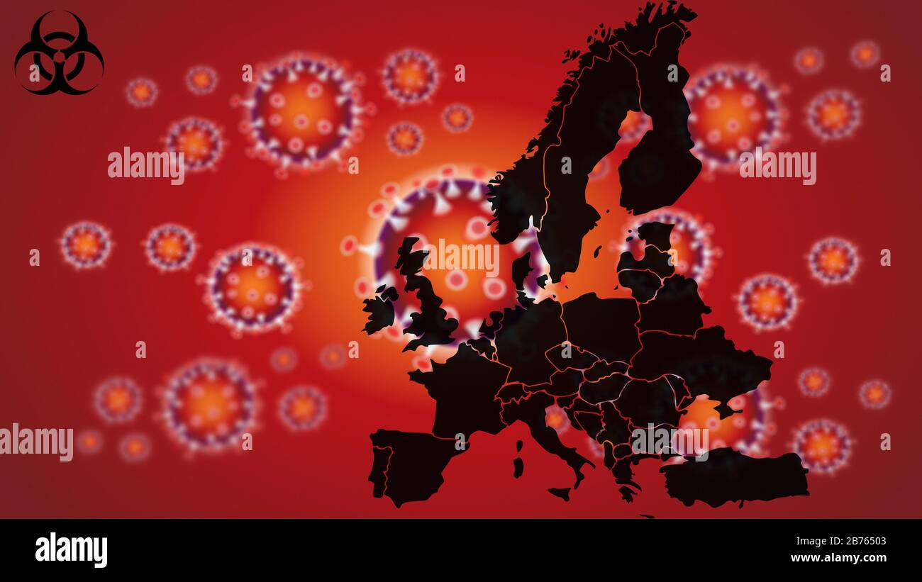 Paesi europei concetto di quarantena per il blocco del coronavirus. Restrizione del movimento verso le nazioni dovuta al COVID-19, con mappa dell'Europa e immagine del virus. Foto Stock
