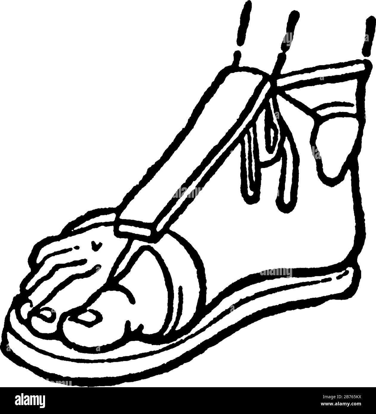 I sandali sono indossati nei tempi antichi, con disegno a linea vintage o con illustrazione dell'incisione. Illustrazione Vettoriale