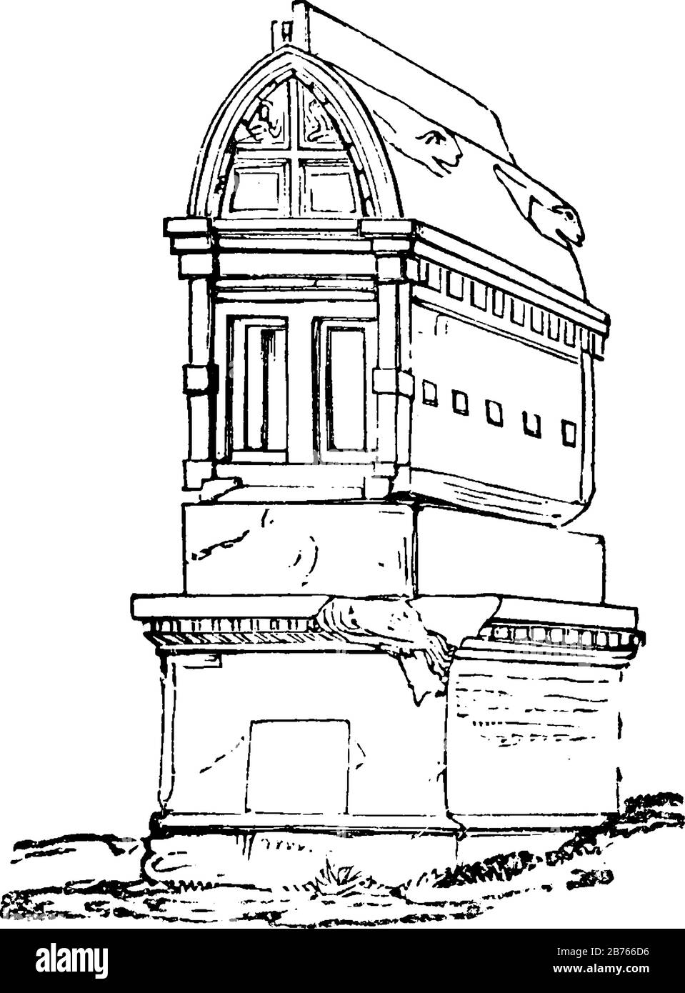 Edificio romano, un'alta struttura in pietra, architettura greca classica, gli scopi degli antichi Romani, disegno di linea d'epoca o illustrazione dell'incisione Illustrazione Vettoriale
