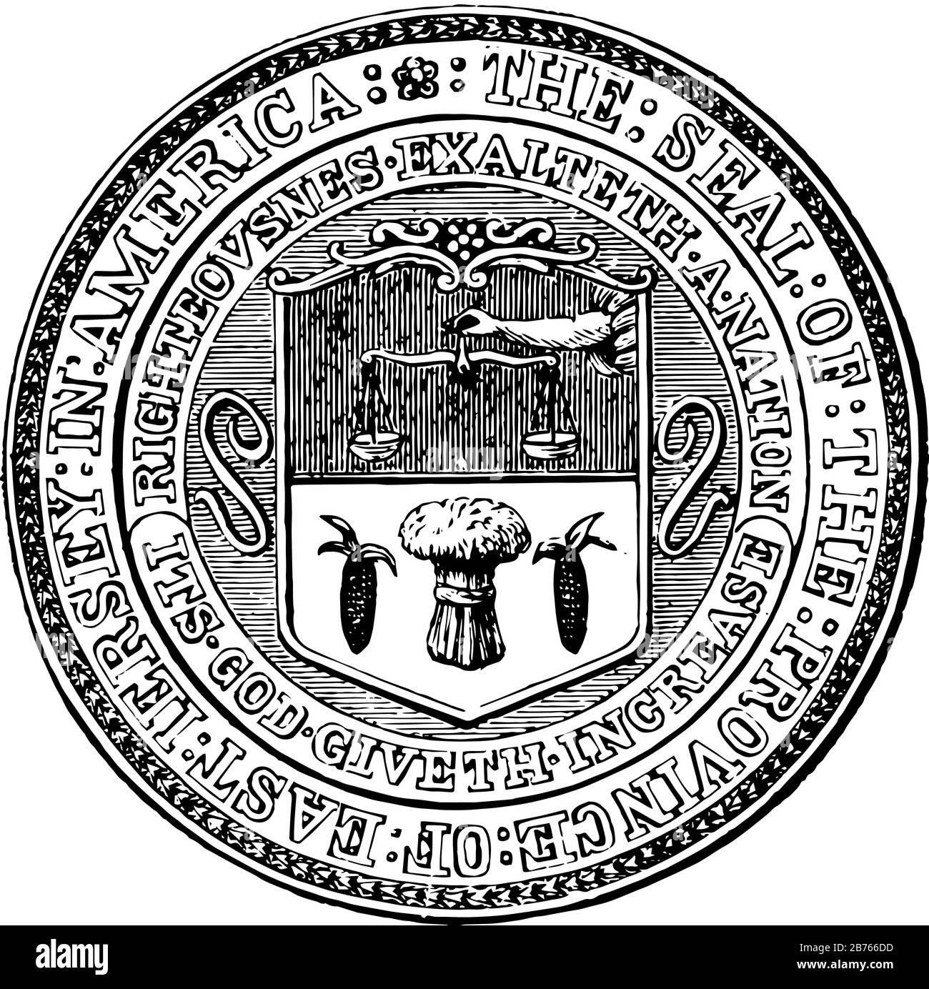 Sigillo della maglia orientale, questo sigillo a forma di cerchio ha una scala di equilibrio appeso con l'aiuto della mano destra, sotto che due corni di vertico e in mezzo una lei Illustrazione Vettoriale