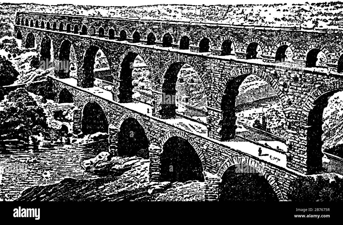 Acquedotto romano, per portare l'acqua da fonti spesso lontane, nelle città e nei paesi, fornendo bagni pubblici, disegno di linee d'epoca o incisione Illustrazione Vettoriale