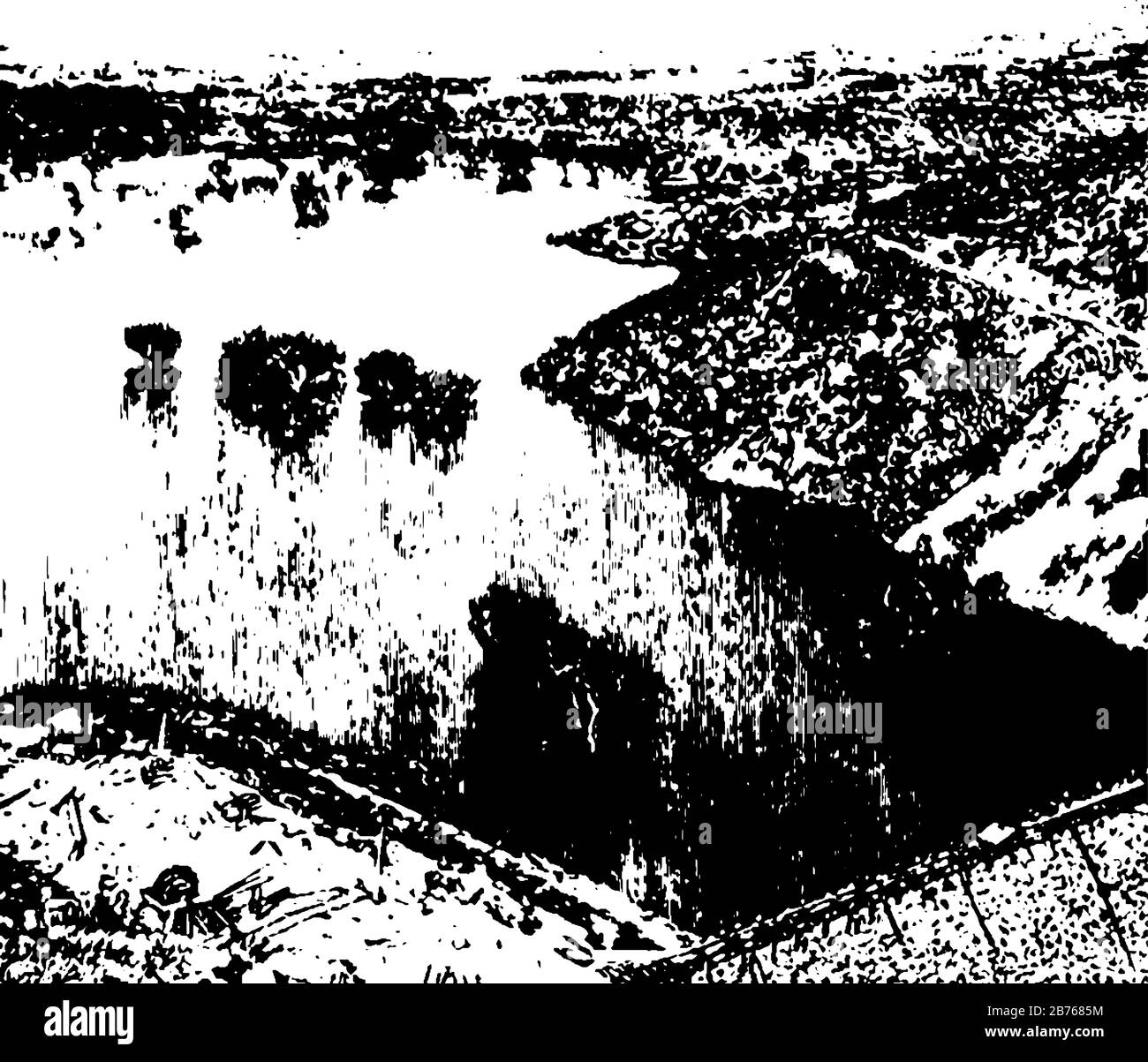 Walnut Grove che mostra il Lago artificiale che è precedentemente associato con la zona e la posizione della parte della sua infanzia, linea d'epoca drawin Illustrazione Vettoriale