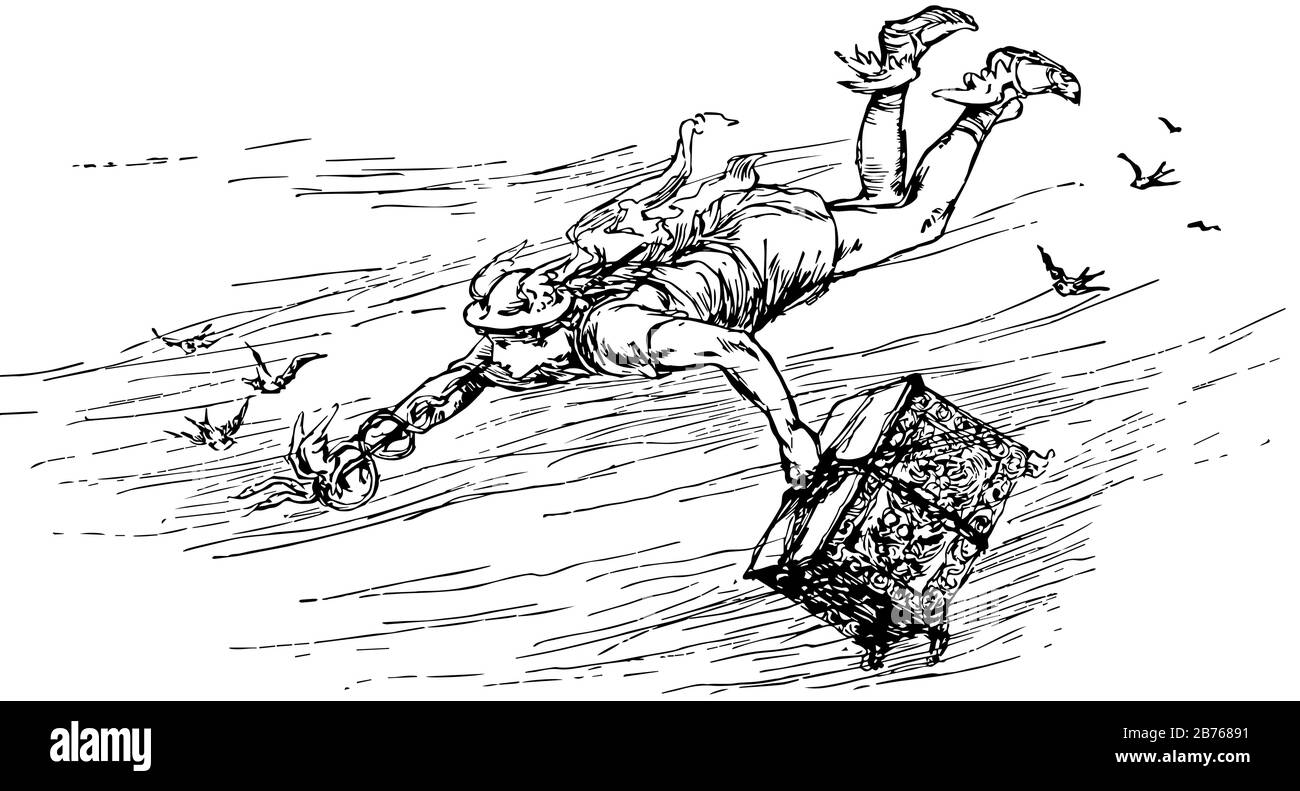 Il Paradiso dei Bambini, questa scena mostra un uomo che vola in aria, ha scatola nella mano sinistra e due serpenti nella mano destra, uccelli volanti in background, Illustrazione Vettoriale