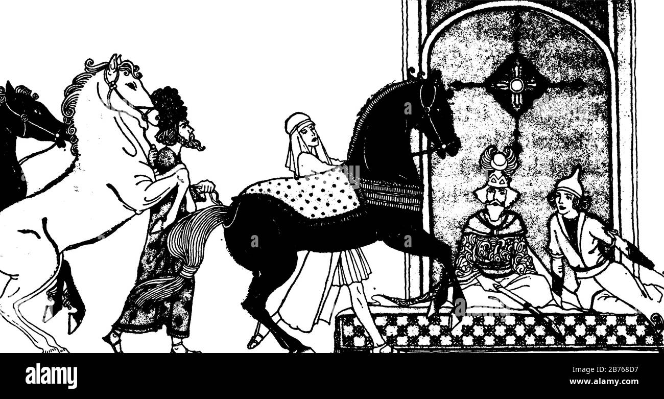 A Story of Rustem, questa scena mostra due uomini seduti sul materasso, una donna che cammina con il cavallo nero e un uomo che cammina con il cavallo bianco verso due uomini, Illustrazione Vettoriale