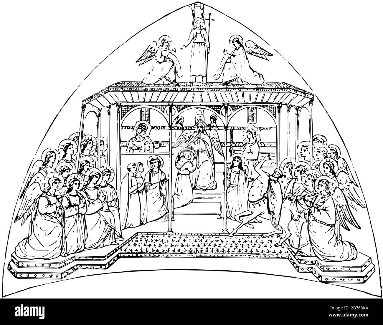 L'obbedienza è appesa nella chiesa di San Francesco ad Assisi, disegno a linea d'epoca o illustrazione dell'incisione. Illustrazione Vettoriale