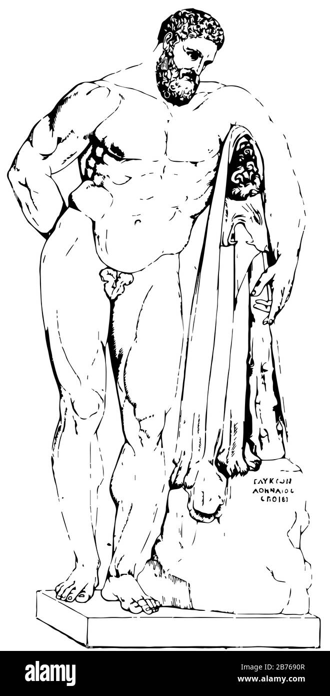 Hercules Farnese è Stato Trovato nel 1540 nelle Terme di Caracalla, disegno o incisione a linee d'epoca. Illustrazione Vettoriale