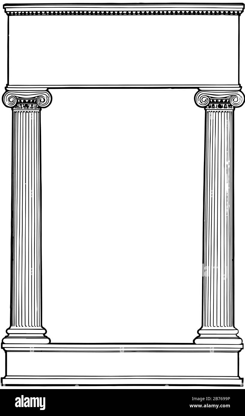 Le colonne ioniche hanno due colonne sul lato sinistro e destro in questo modello, disegno a linea vintage o illustrazione dell'incisione. Illustrazione Vettoriale