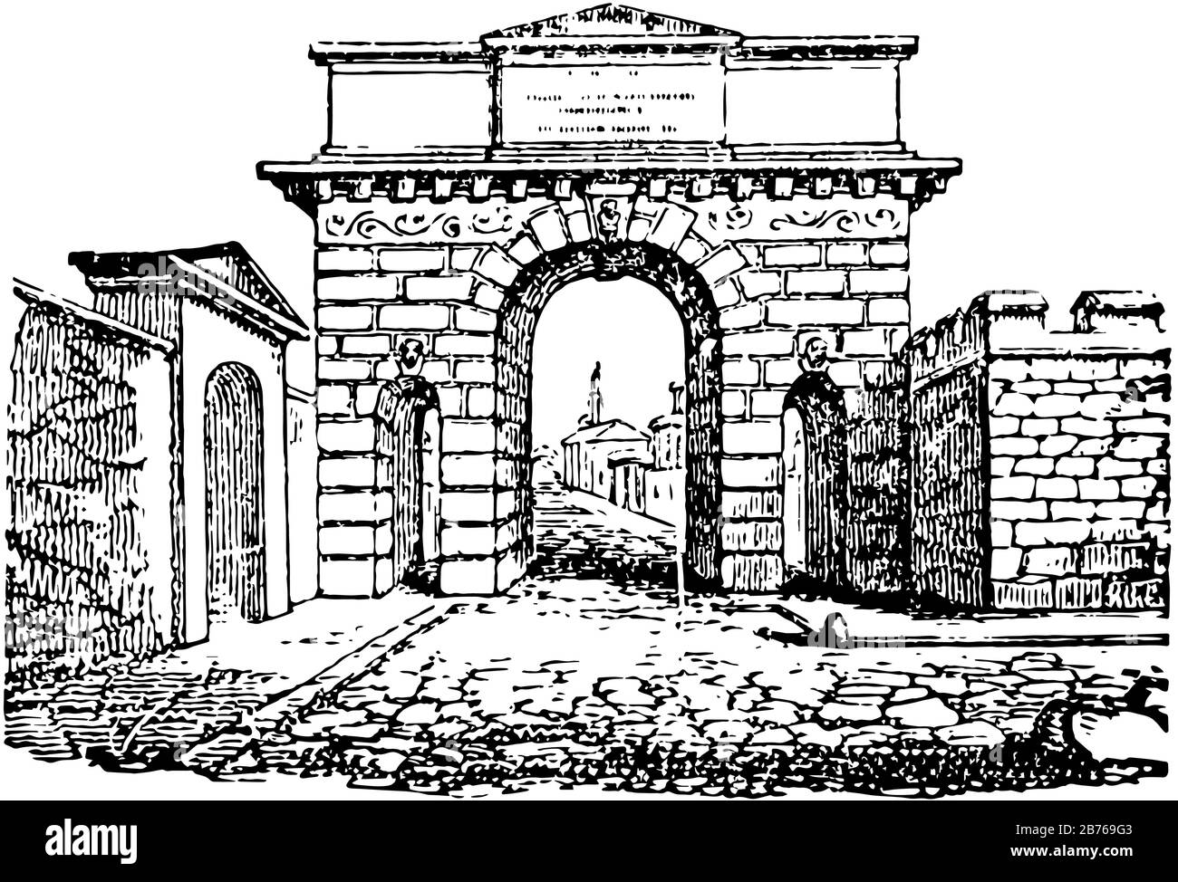 Porta di Ercolano, un'antica città romana, famosa per essere conservata insieme a Pompei, con disegni a linee d'epoca o illustrazioni per incisioni. Illustrazione Vettoriale