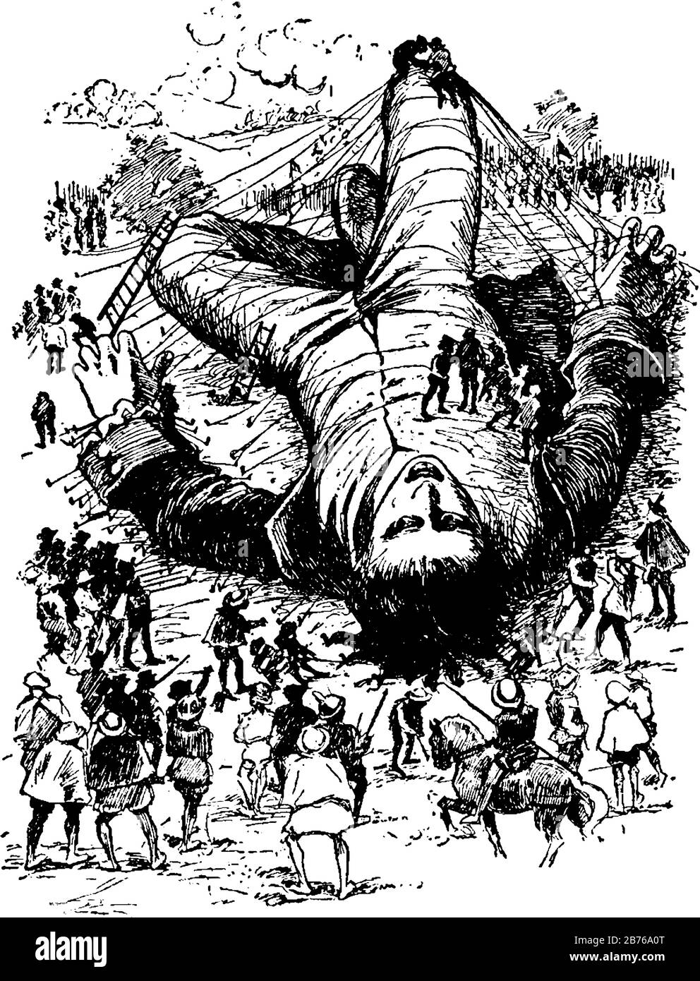 Rapped to Ground, questa scena mostra un uomo gigante legato a terra con legature attraverso il suo corpo da persone, alcune persone in piedi sul suo corpo e soldi Illustrazione Vettoriale