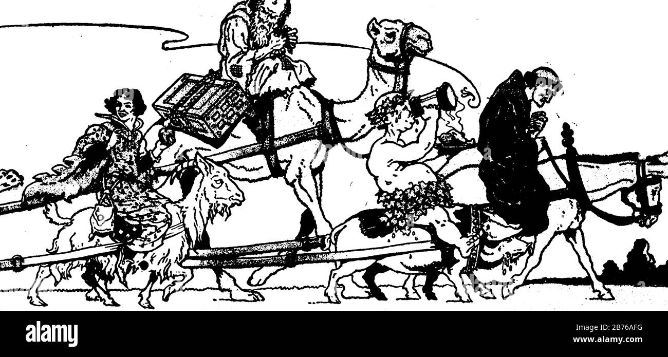 Un uomo anziano a cavallo sul cammello, una donna a cavallo sulla capra, un uomo con piatto da cucina a mano sul maiale, un altro uomo a cavallo, linea d'epoca disegno o. Illustrazione Vettoriale