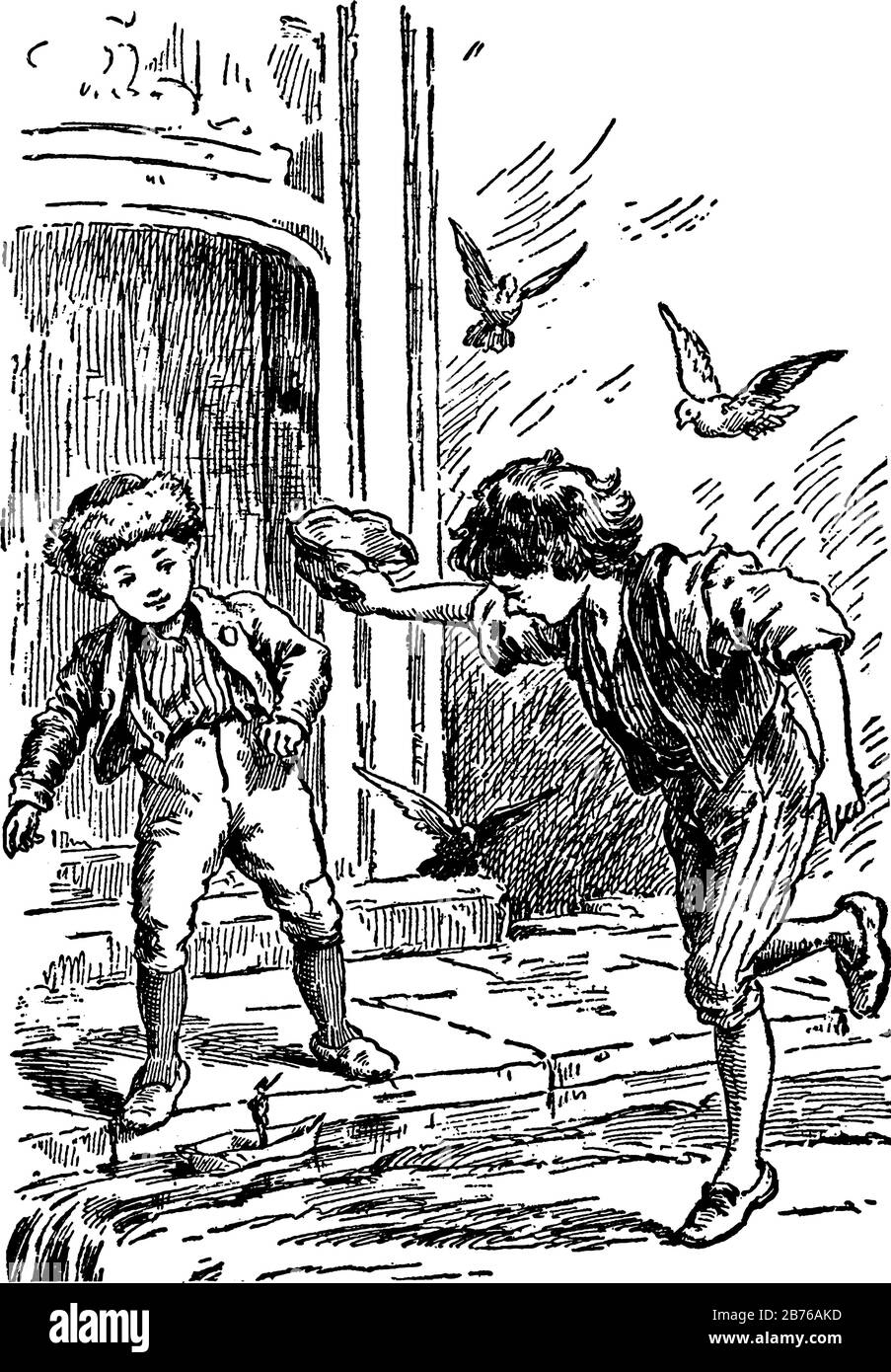 Bambini, questa scena mostra due bambini e piccolo solider tenuti in barca galleggianti sull'acqua, uccelli che volano in background, vintage linea disegno o incisione Illustrazione Vettoriale