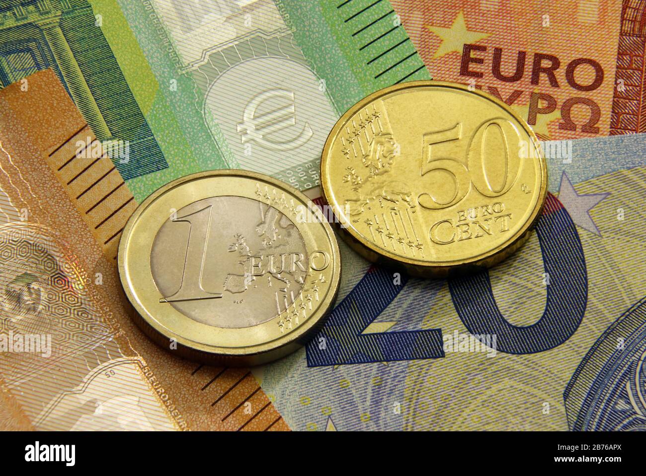 Banconote e monete in euro, Unione europea Foto Stock
