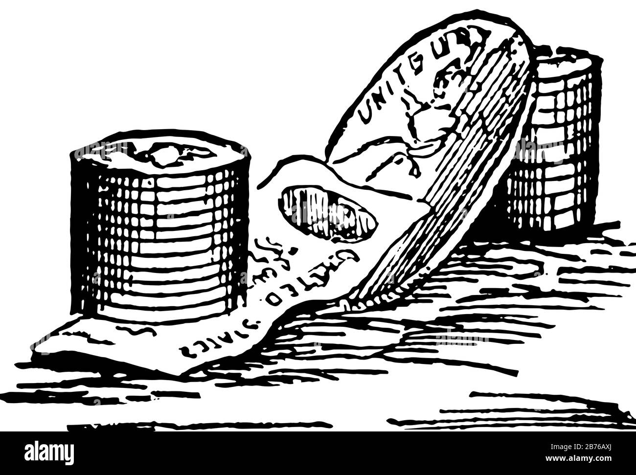 Questa illustrazione rappresenta il metallo stampato Coin e le note utilizzate come soldi, disegno di linea vintage o illustrazione di incisione. Illustrazione Vettoriale