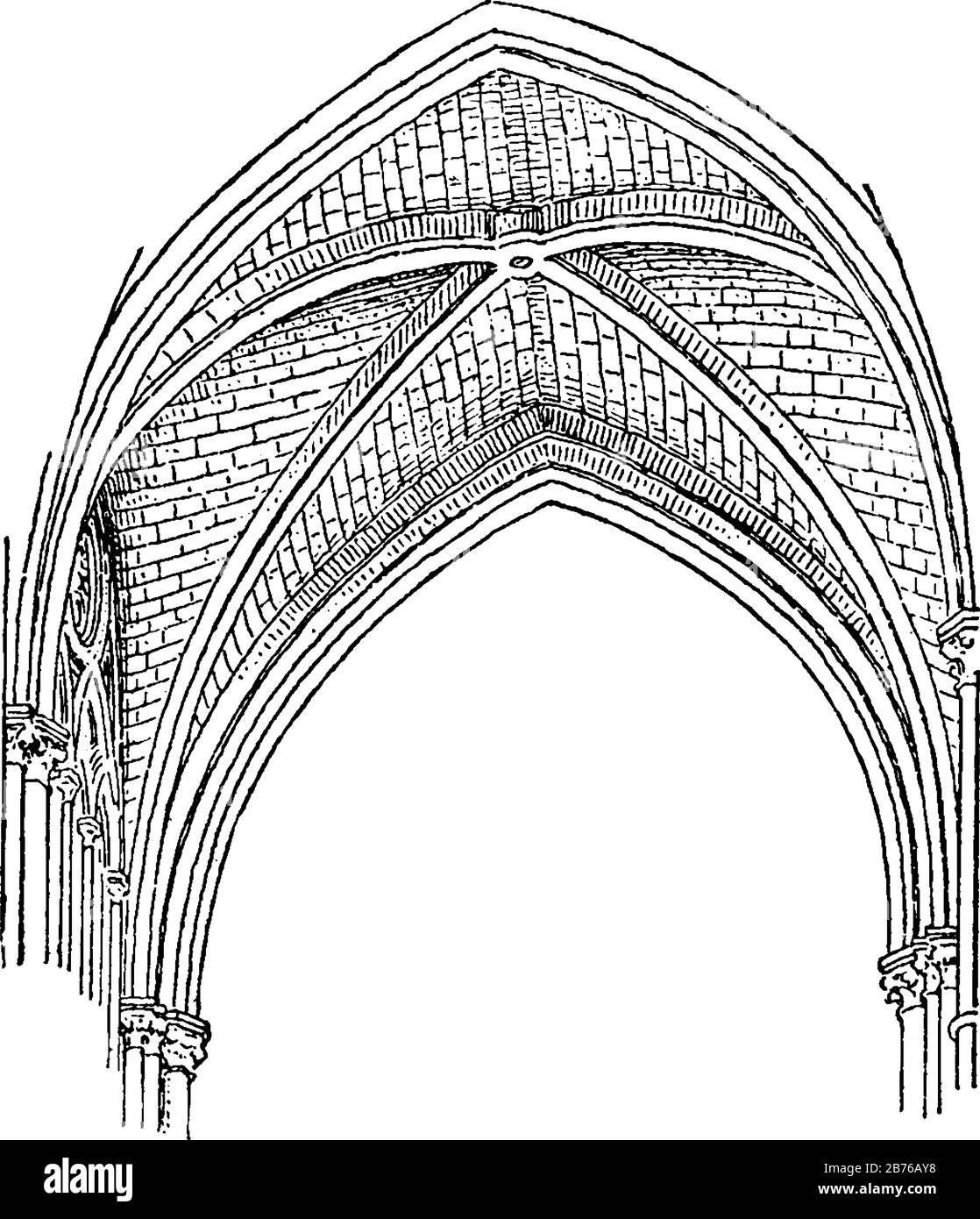 Il Vault quadripartitico è diviso in quattro parti, nervature trasversali in quattro celle, nastri, disegno di linee vintage o illustrazione dell'incisione. Illustrazione Vettoriale