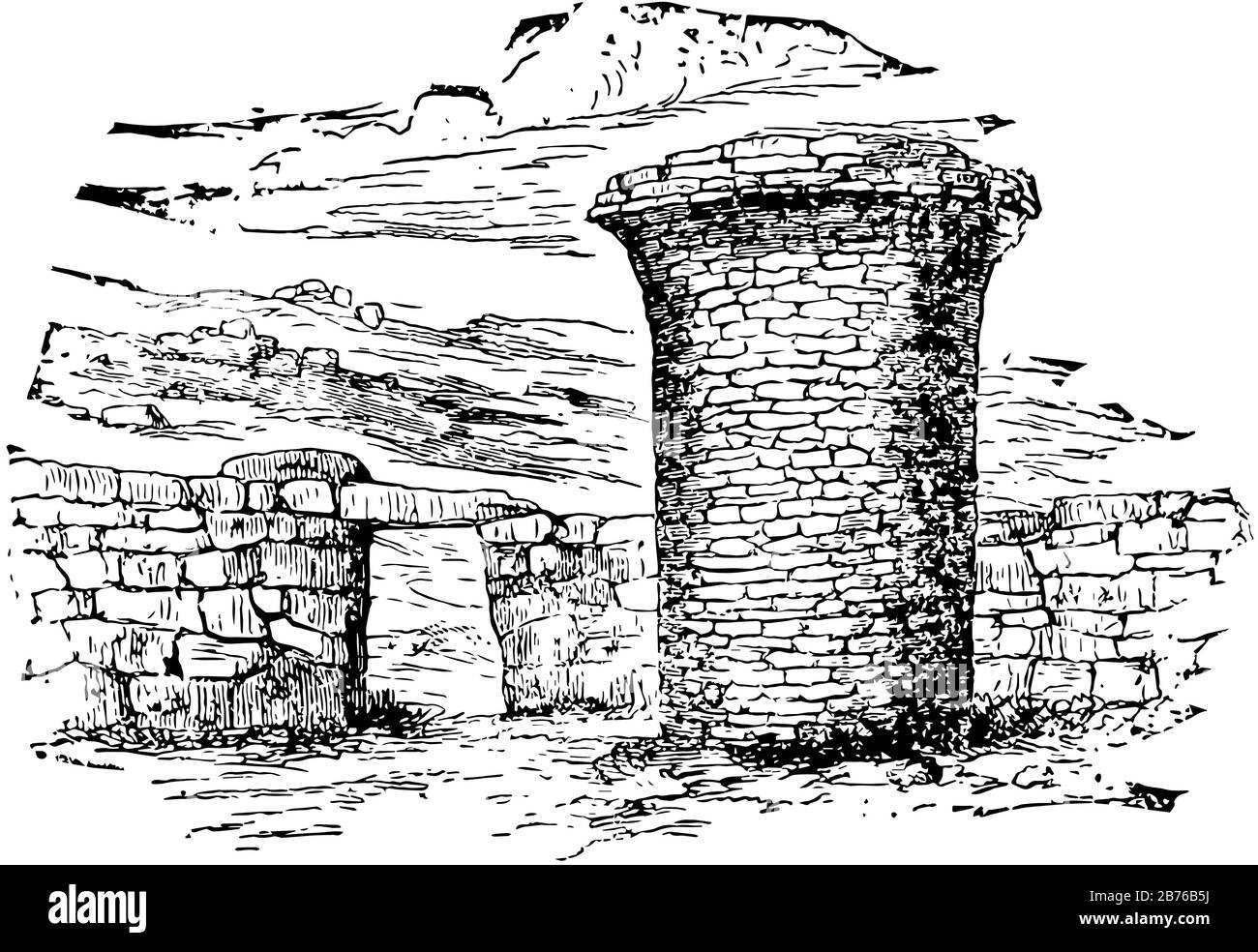 La Torre di sepoltura è l'Encyclopedia Britannica, terra o mare sono inaccettabili, struttura rialzata costruita, disegno di linea vintage o illustrazione di incisione. Illustrazione Vettoriale