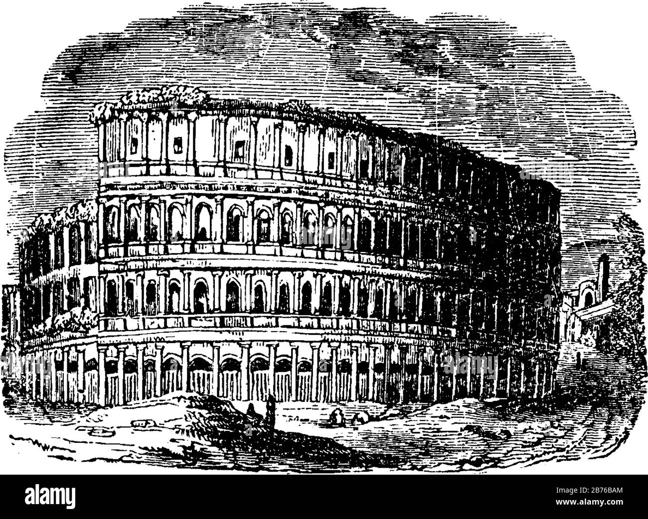 Anfiteatro romano a Roma, luoghi d'aria con posti a sedere sopraelevati, utilizzato per eventi come combattimenti gladiatori, monumentale durante l'epoca imperiale, LIN vintage Illustrazione Vettoriale