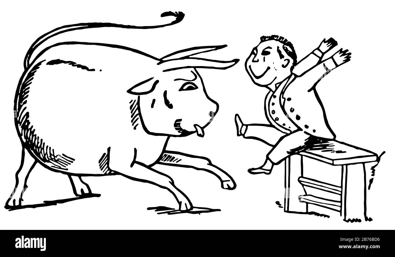 Edward Lear, questa scena mostra un uomo seduto su panchina di fronte a una mucca e ridente, vintage disegno linea o incisione illustrazione Illustrazione Vettoriale