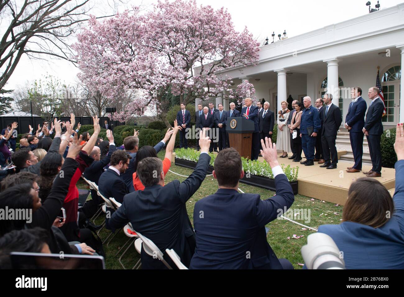 Washington, Stati Uniti. 13 Marzo 2020. Il presidente Donald Trump, Unito dai membri della sua amministrazione e dai suoi dirigenti aziendali, dichiara un’emergenza nazionale dovuta alla pandemia di Coronavirus (COVID-19), durante una conferenza stampa alla Casa Bianca di Washington, DC, il 13 marzo 2020. La dichiarazione consente all'amministrazione di utilizzare FEMA nella gestione delle emergenze e conferisce loro l'autorità di fornire finanziamenti ai governi statali e locali. Foto di Kevin Dietsch/UPI Credit: UPI/Alamy Live News Foto Stock