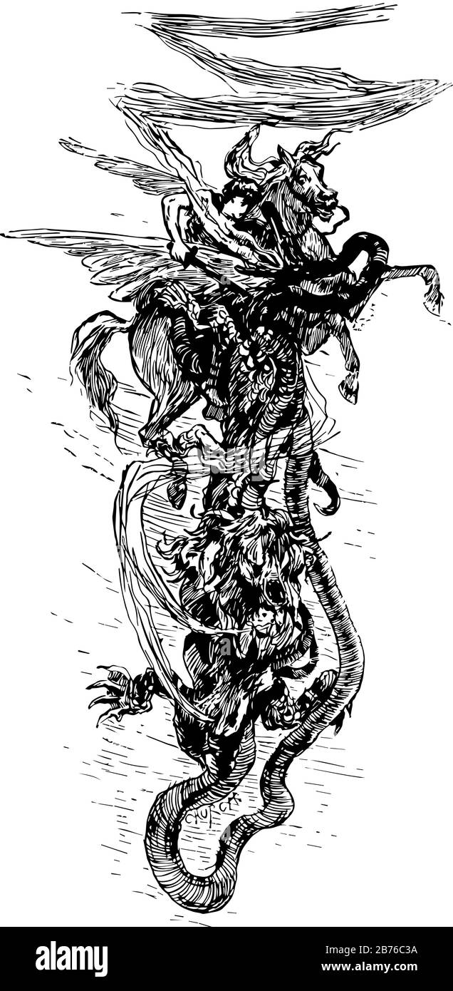 La Chimera, questa foto mostra un cavaliere con la spada in mano e serpente in aria, linea vintage disegno o incisione illustrazione Illustrazione Vettoriale