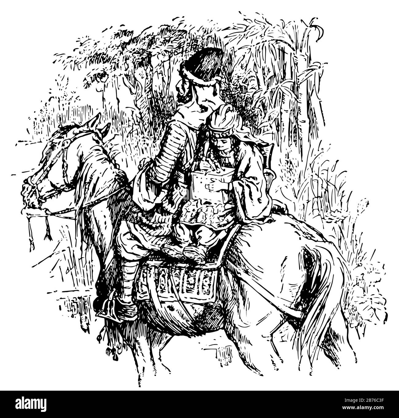 Uomo e bambino a cavallo, questa scena mostra un uomo e un bambino a cavallo e box bambino in mano, alberi sullo sfondo, linea d'epoca disegno Illustrazione Vettoriale