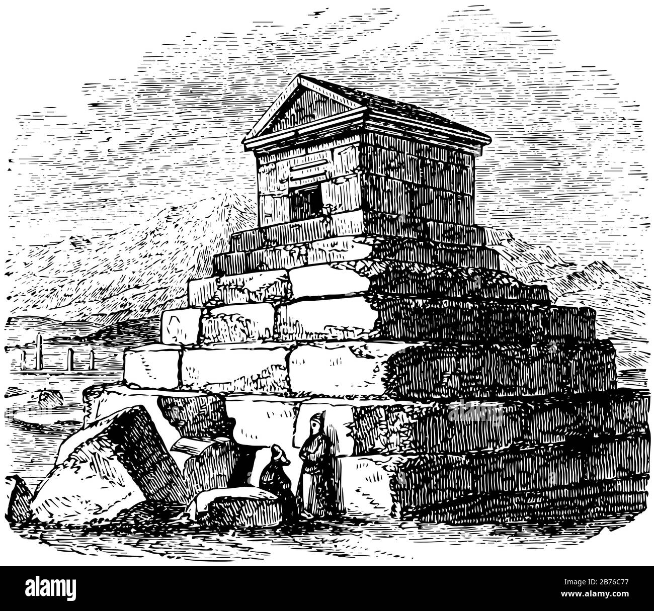 Tomba di Cyrus, Cyrus catturato vista, fratello Artaxerxes, il volo delle sue truppe, rabbia e ambizione, manciata di compagni, linea d'epoca disegno o it Illustrazione Vettoriale