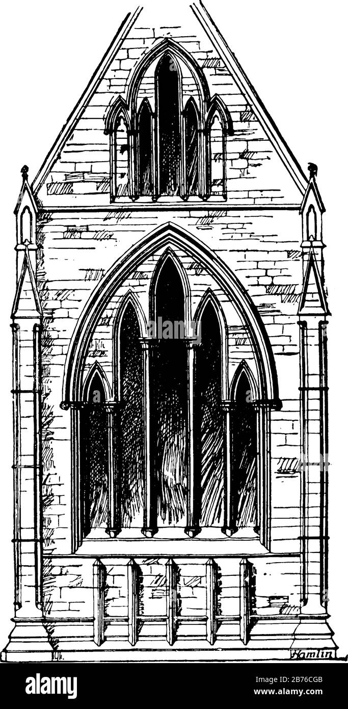 Finestre di lancet alla Cattedrale di Chester, stile inglese antico, motivi architettonici sono tipici della chiesa gotica, primo periodo, disegno di linea vintage Illustrazione Vettoriale