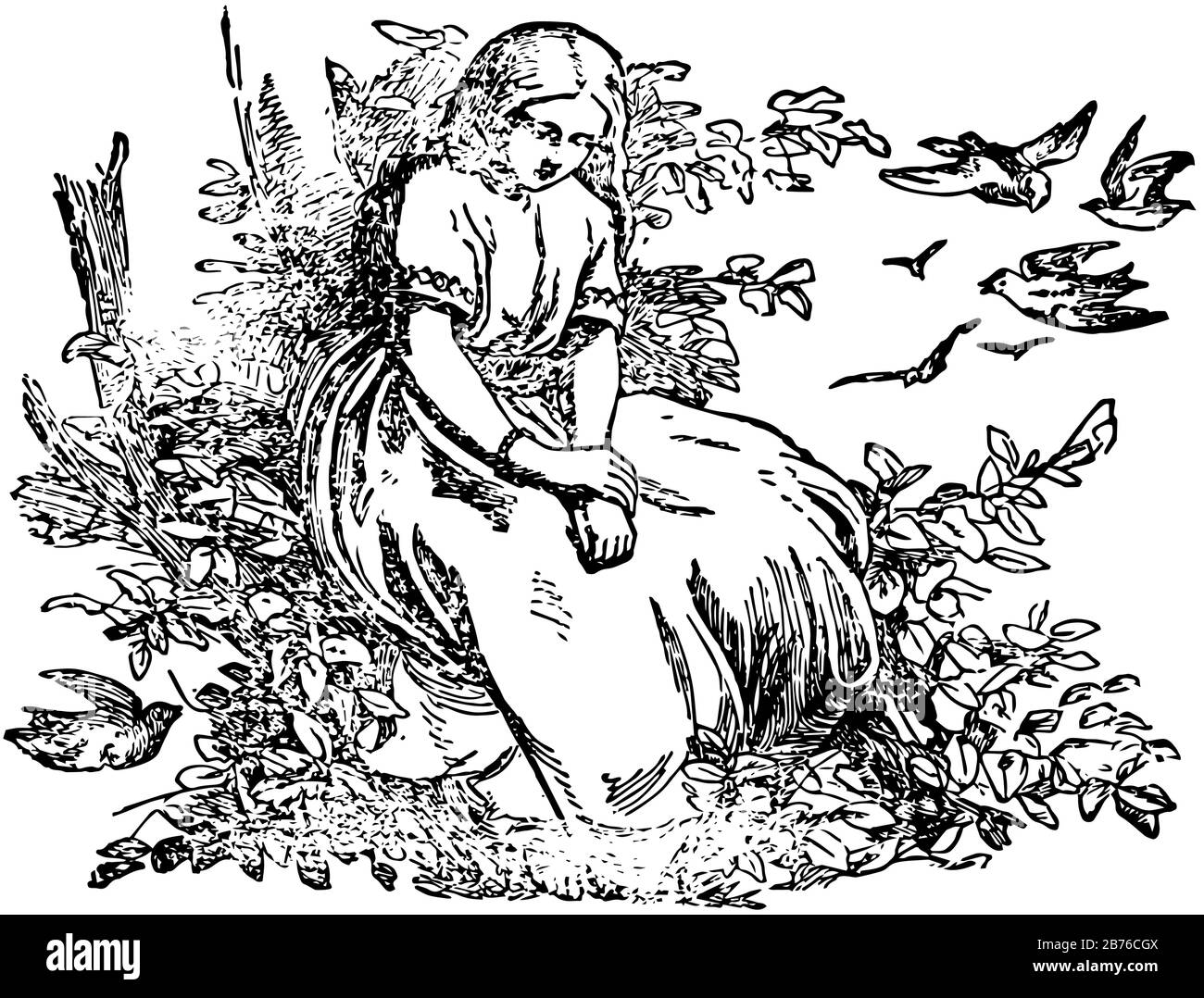 La Figlia del re di Marsh, una ragazza è seduta vicino all'albero e gli uccelli volanti in background, disegno di linea vintage o illustrazione dell'incisione Illustrazione Vettoriale