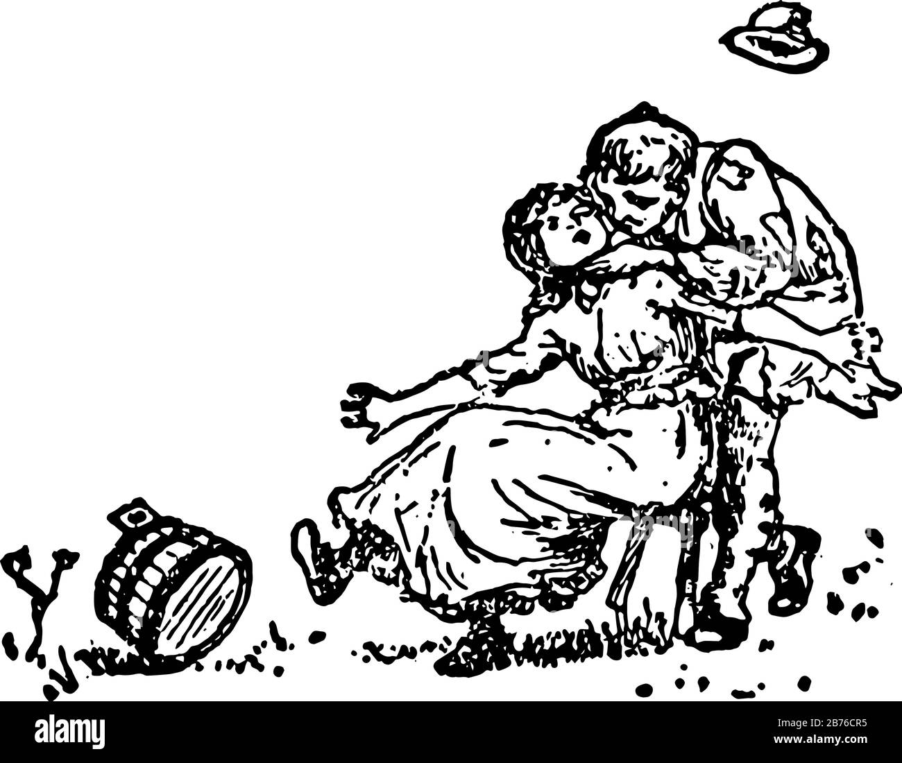 Casa che Jack ha costruito, questa scena mostra una donna seduta su un piccolo tavolo e l'uomo in piedi dietro di lei, si chinò e tenendo il suo viso in mano, tavolo Illustrazione Vettoriale