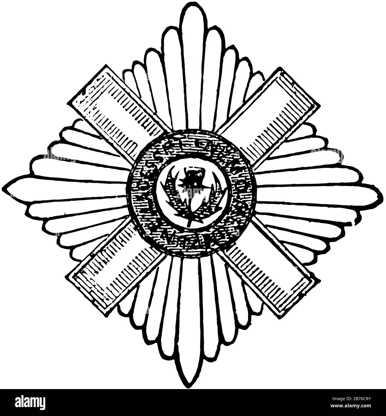 Stella dell'Ordine del Thistle. – Enciclopedia delle Camere, 1875, il sigillo ha due linee che attraversano l'altra e un cerchio che copre il centro dell'incrocio Illustrazione Vettoriale